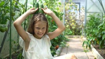 adorable niña cosechando pepinos y tomates en invernadero.