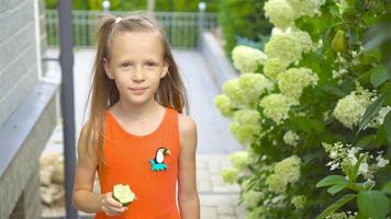 mignonne petite fille recueille les concombres et les tomates des cultures en serre video