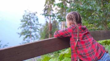 Beautiful happy little girl in mountains in the background of fog video