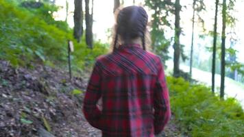 schönes glückliches kleines Mädchen in den Bergen im Hintergrund des Nebels video