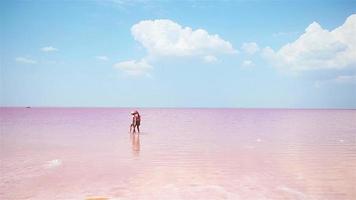 Little girls girls walk on a pink salt lake on a sunny summer day. video