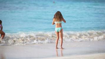 adorable peu les filles en marchant sur le plage et ayant amusement ensemble video