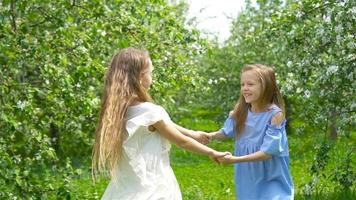 Adorable little girls in blooming apple tree garden on spring day video