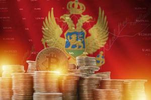 Montenegro flag and big amount of golden bitcoin coins and trading platform chart. Crypto currency photo