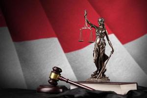 Singapore flag with statue of lady justice, constitution and judge hammer on black drapery. Concept of judgement and guilt photo