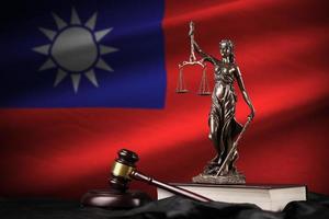 Taiwan flag with statue of lady justice, constitution and judge hammer on black drapery. Concept of judgement and guilt photo