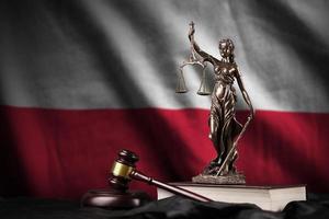 Poland flag with statue of lady justice, constitution and judge hammer on black drapery. Concept of judgement and guilt photo