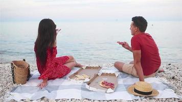 famiglia avendo un' picnic su il spiaggia video