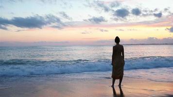 donna posa su il spiaggia godendo estate vacanze guardare a il mare video