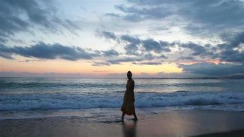 Young beautiful woman in sunset background of ocean video