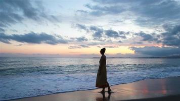 ung skön kvinna i solnedgång bakgrund av hav video