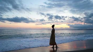 Young beautiful woman in sunset background of ocean video