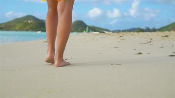 Close up female feet walking barefoot on sea shore video