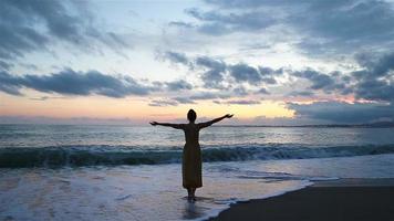 vrouw houdende Aan de strand genieten van zomer vakantie op zoek Bij de zee video