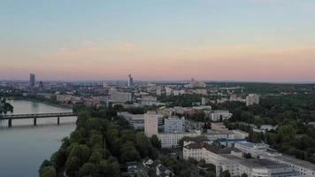 Video panning over Frankfurt am Main skyline during sunset