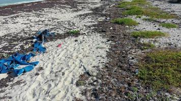 filme do uma tropical de praia dentro México cheio de lixo com plástico desperdício durante a aquecimento da terra algas flor dentro Primavera video