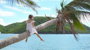 förtjusande liten flicka på tropisk strand på handflatan träd under sommar semester bakgrund av blå himmel video