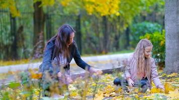 förtjusande liten flicka och Lycklig mor njut av falla dag i höst parkera utomhus. höst familj semester video