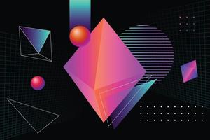 Modern and trendy composition of abstract geometric shapes illustration. Isometric liquid gradient and grid outline rhombus on black background vector