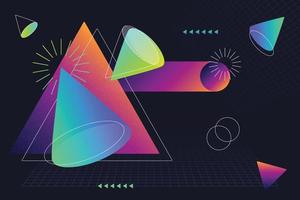 Abstract geometric composition of liquid rainbow gradient isometric 3d cones and 2d triangles with other line geo elements on black background vector