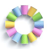 Colorful paper cups with polka dot pattern arranged in circle frame