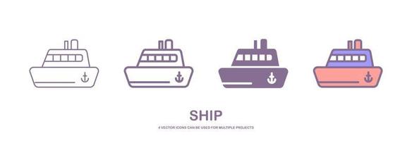 Four different styles of ship, yacht or boat vector icons that can be used for multiple projects, isolated on white background.