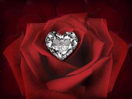 diamante corazón en un Rosa flor en antecedentes de hermosa rojo Rosa pétalos foto