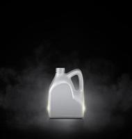 Grey bottle of engine oil on black background with smoke photo
