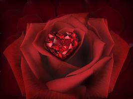 Red Diamond heart on a Rose Flower on background of beautiful red rose petals photo