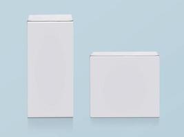 blanco embalaje blanco cartulina caja en habitación antecedentes con ligero azul foto