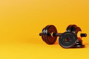 3d black dumbbell with weight plates isolated on yellow background. 3d rendering of realistic fitness equipment with copy space. 3d illustration. photo