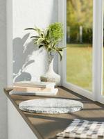 3d granite display podium with books and plant on the window apron. 3d rendering of realistic presentation for product advertising. 3d illustration with blurred background. photo