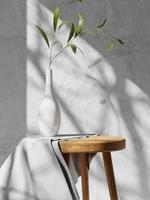 3d wooden chair covered by fabric and plant in vase against white concrete wall. 3d rendering of realistic presentation for product advertising. 3d illustration. photo