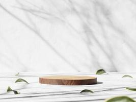3d wooden display podium with green leaves on white floor and wall background. 3d rendering of realistic presentation for product advertising. 3d minimal illustration. photo
