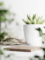 3d wooden display podium with fabric and succulent vase against white concrete wall. 3d rendering of realistic presentation for product advertising. interior illustration. photo