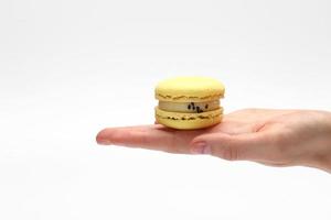 hand holding Sweet and colourful french yellow macaroons or macaron isolated on white background. photo