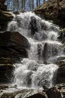 cayendo en cascada por un pequeño arroyo de montaña, el agua corre sobre rocas de basalto. una pequeña cascada atraviesa el musgo. foto