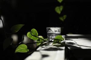 agua clara en un vaso transparente contra. alimentos sanos y agua natural respetuosa con el medio ambiente. un vaso de agua sobre una mesa de madera. foto