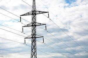 high-voltage power lines on blue sky background. electricity distribution station. Electrical net of poles on a panorama. power tower. photo