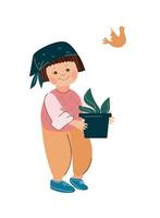 pequeño niña jardinero en un sombrero y delantal sostiene un maceta con plántulas .vector garabatear dibujos animados ilustración. vector