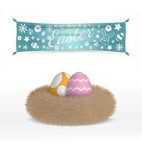 Minimal happy easter greeting with eggs on the nest and easter doodle vector