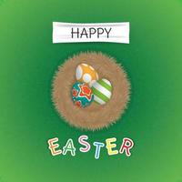 Happy easter greeting with eggs on nest and grass background vector
