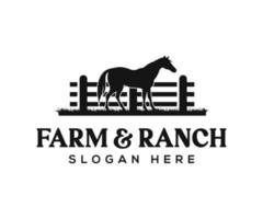Horse silhouette wooden fence paddock for countryside western country farm and ranch logo design vector