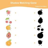 Fruits shadow Matching game worksheet. Tropical Fruits Edition. Educational activity for preschool kids. Vector illustration.