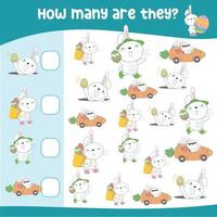 Mathematic activity page with cute rabbit. Calculate and write the result. Educational printable math for children. Vector file.
