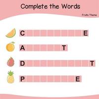 What letters are missing. Complete the words. Fruits Theme Names Worksheet. Educational activity for preschool kids. Preschool Education. vector