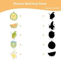 Fruits shadow Matching game worksheet. Tropical Fruits Edition. Educational activity for preschool kids. Vector illustration.