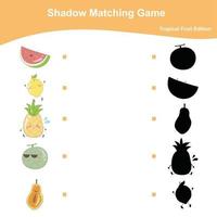 Fruits shadow Matching game worksheet. Tropical Fruits Edition. Educational activity for preschool kids. Vector illustration.