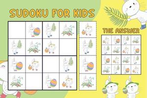 Sudoku sheet for kids. Education worksheet for children. Printable puzzle game for preschool.  Cute and funny cartoon characters. Vector illustration.