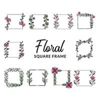 handdrawn doodle color square frame flower floral leaves for nature romantic botanical vector